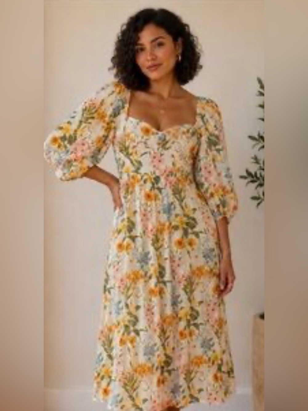 SUGARLIPS Free to Be Puff Sleeve Granger Floral Sweetheart Midi Dress Size L EUC